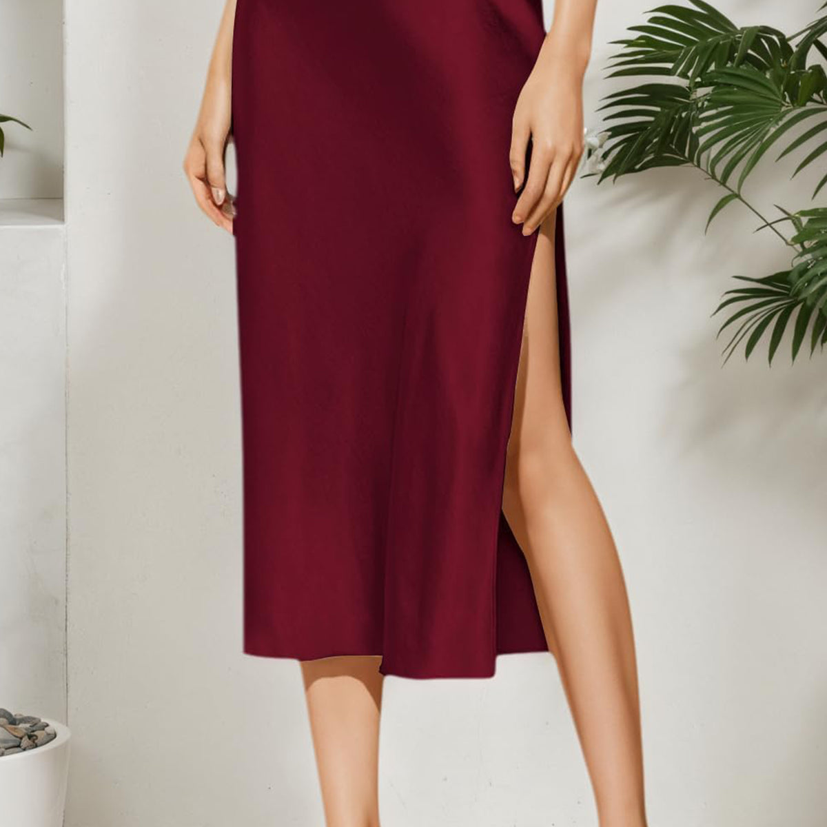 Satin Side Split Midi Skirt