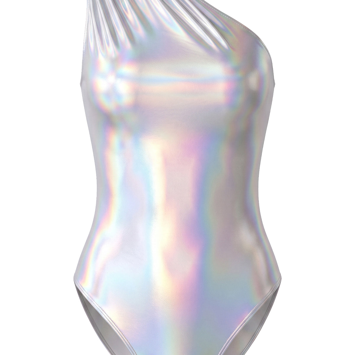 Holographic One-Shoulder Ruched High-Cut Metallic Bodysuit Swimsuit