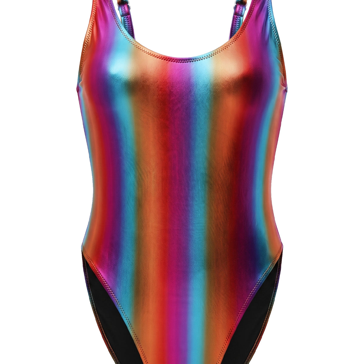 Metallic Holographic High-Cut Scoop Neck One-Piece Swimsuit