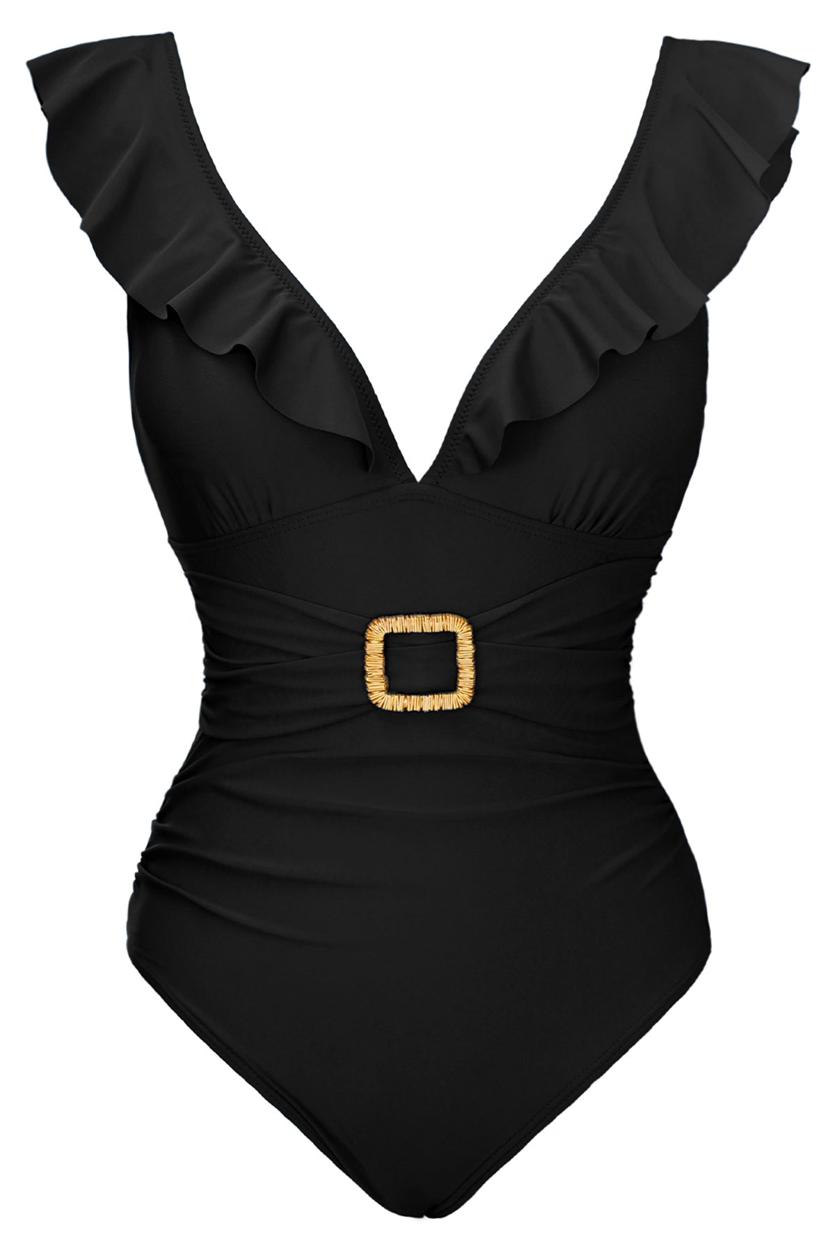 Ruffle V-Neck Belted One-Piece Swimsuit