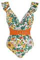 Ruffle V-Neck Belted One-Piece Swimsuit