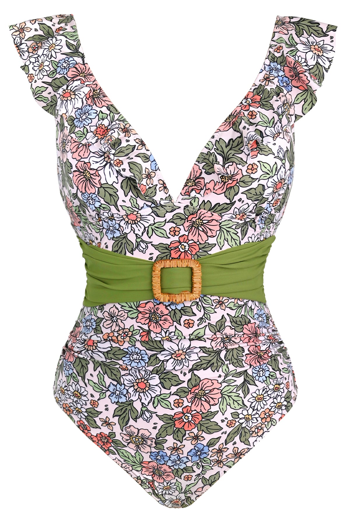 Ruffle V-Neck Belted One-Piece Swimsuit