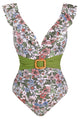 Ruffle V-Neck Belted One-Piece Swimsuit