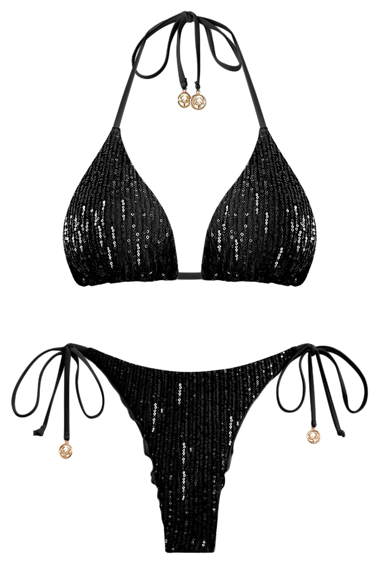 Sparkling Sequin Halter Triangle Bikini Set with Metallic Charms