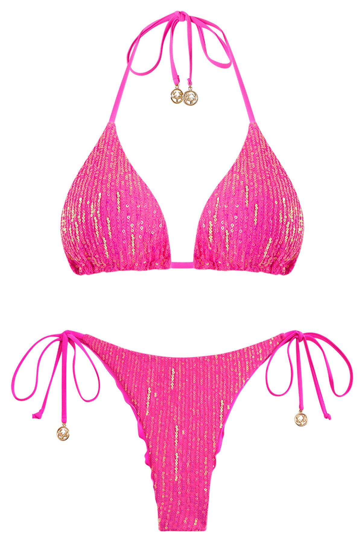 Sparkling Sequin Halter Triangle Bikini Set with Metallic Charms