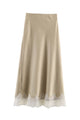 Lace Trim Satin Midi Skirt
