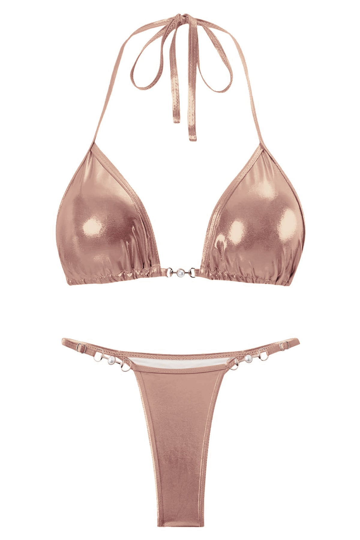 Metallic Halter Triangle Bikini Set with Pearl Accents