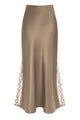 High Waist Satin Lace Insert Midi Skirt