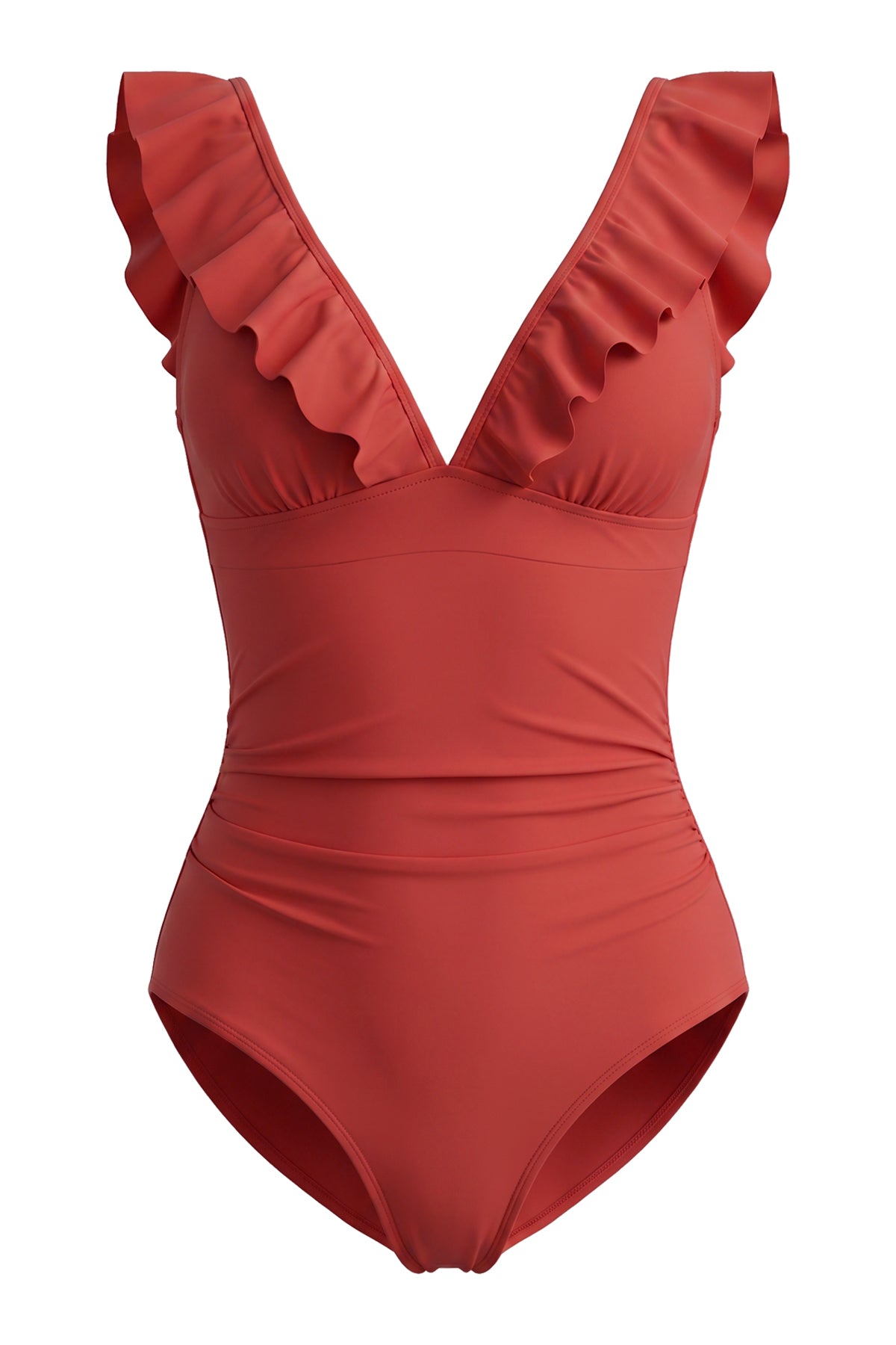 Ruffle V-Neck Tummy Control One-Piece Swimsuit