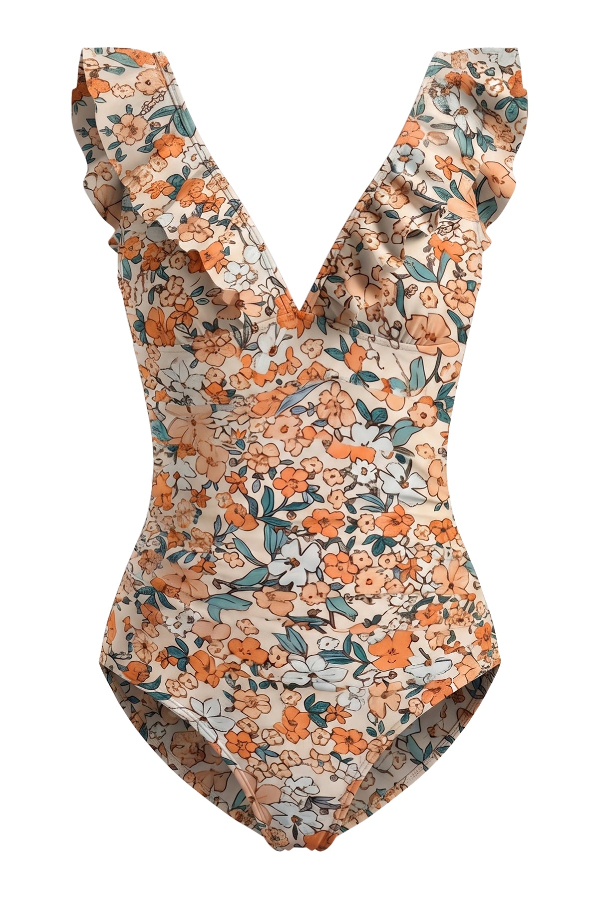 Ruffle V-Neck Tummy Control One-Piece Swimsuit