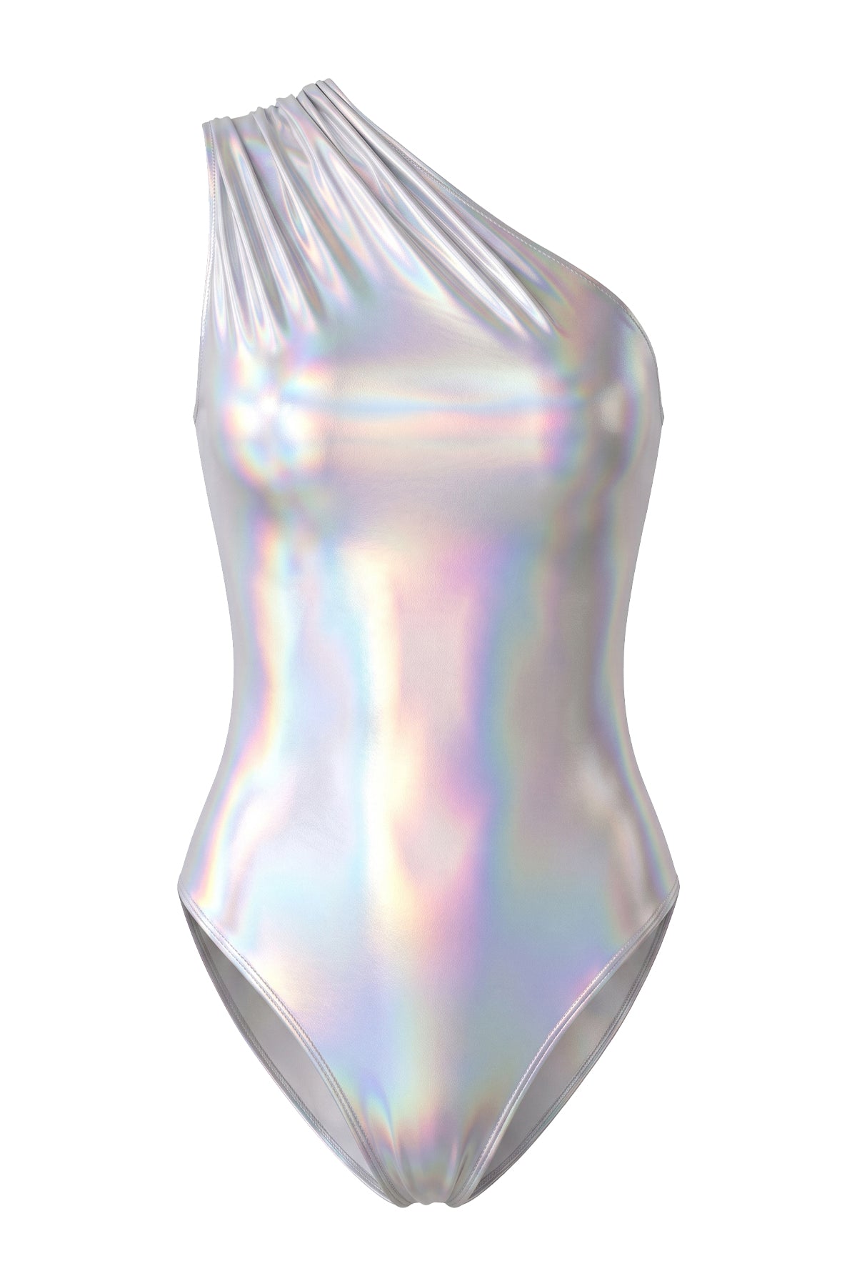 Holographic One-Shoulder Ruched High-Cut Metallic Bodysuit Swimsuit
