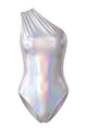 Holographic One-Shoulder Ruched High-Cut Metallic Bodysuit Swimsuit