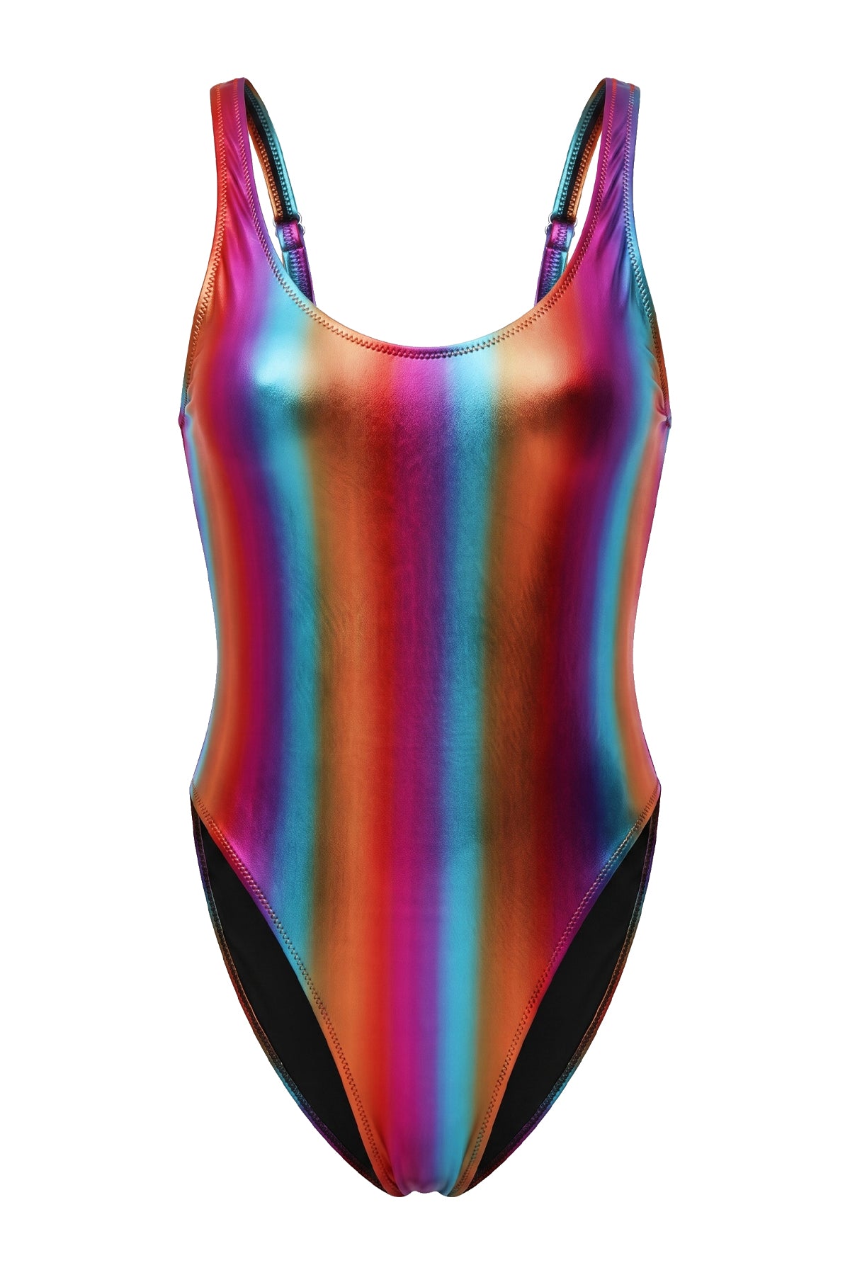 Metallic Holographic High-Cut Scoop Neck One-Piece Swimsuit