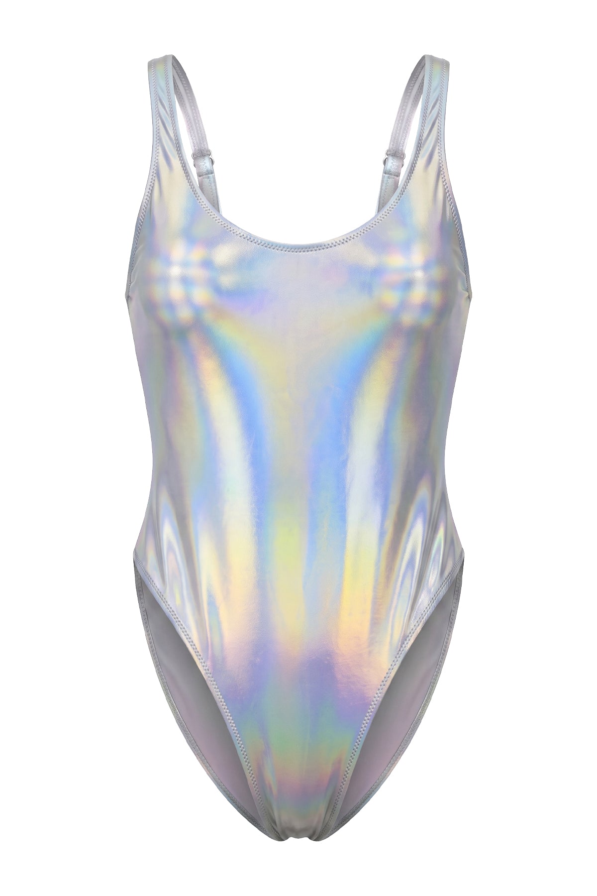 Metallic Holographic High-Cut Scoop Neck One-Piece Swimsuit