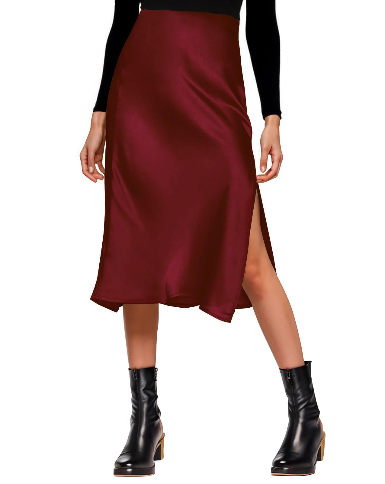 The Essential Satin Slit Midi Skirt – High Waisted, Side Split, Effortless Elegance